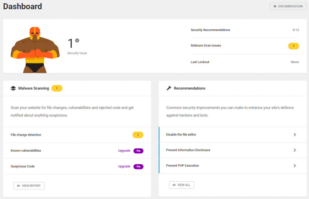 Defender Security dashboard on WordPress admin panel