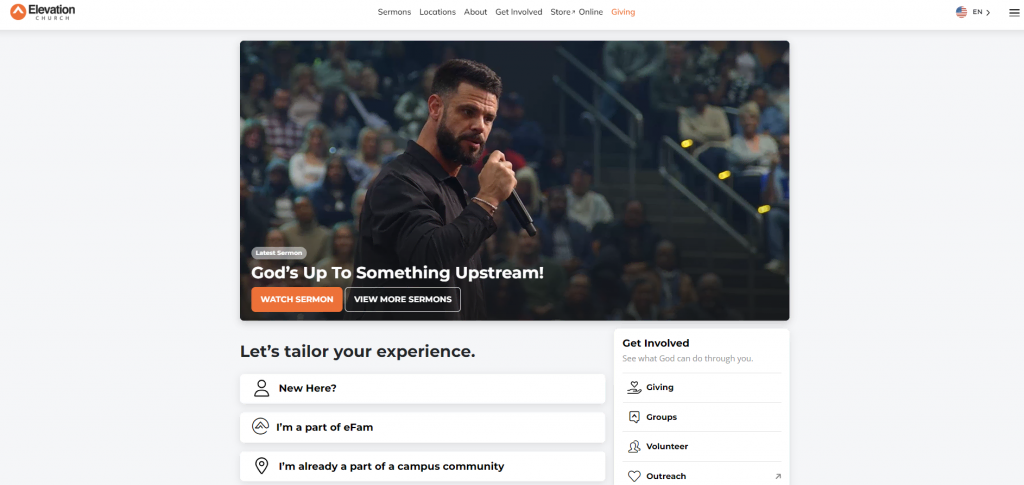 The homepage of Elevation Church's website
