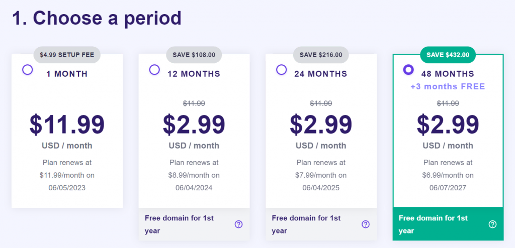 The plan subscriptions available and Hostinger prices