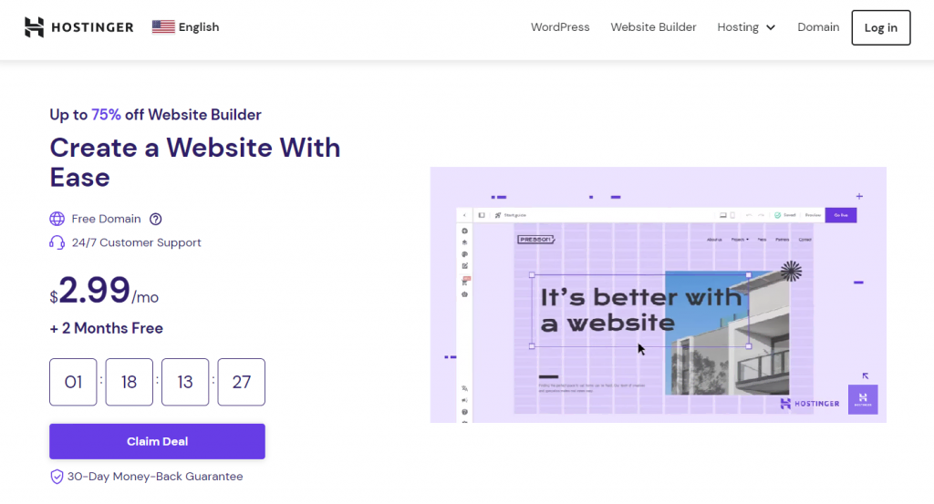 Hostinger Website Builder's landing page containing a video overview of the website builder