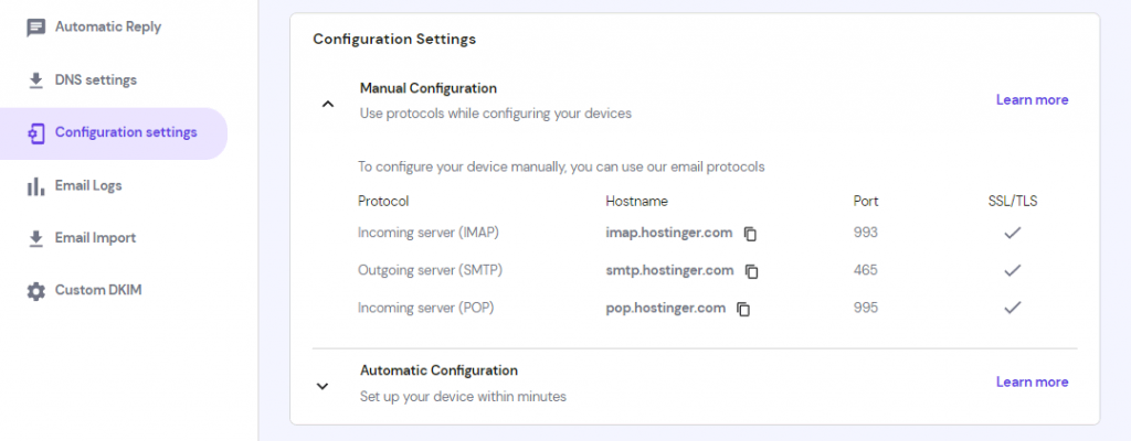 hPanel Email Accounts showing email configuration settings