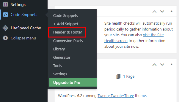 Selecting the Header and Footer option from the dashboard.
