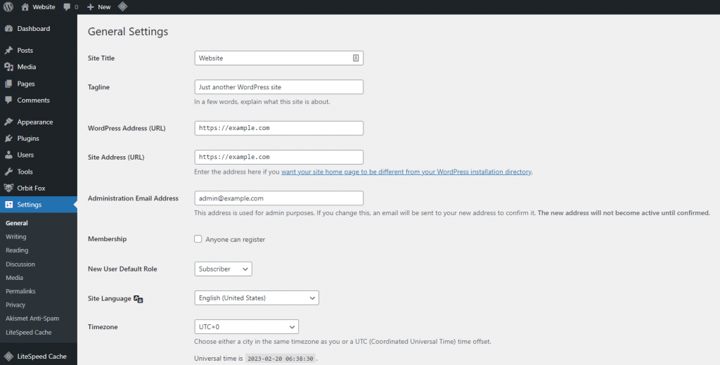 The General Settings section on the WordPress dashboard