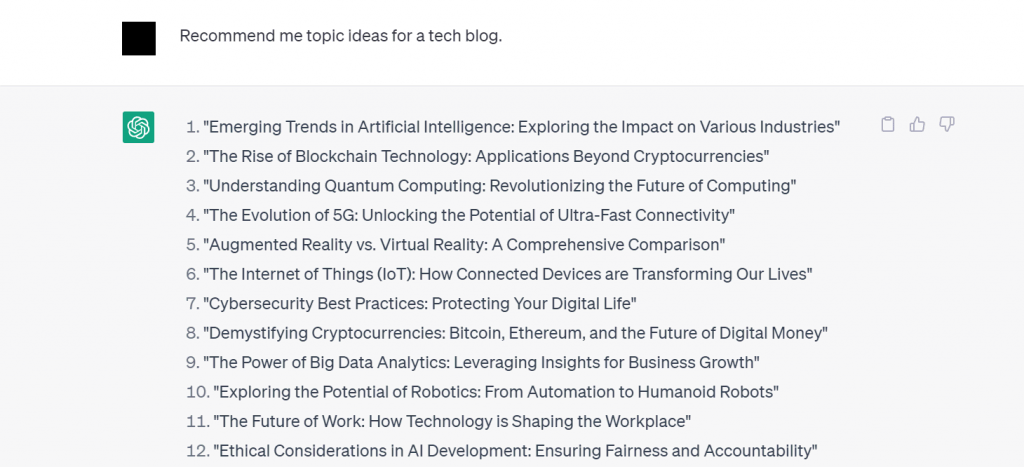 ChatGPT's topic suggestions for a tech blog