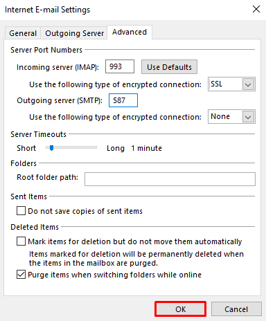 The Internet E-mail Settings Window showing the Advanced tab's configuration and highlighting the OK button