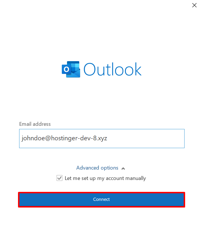 Outlook 2019 setup window highlighting the Connect button