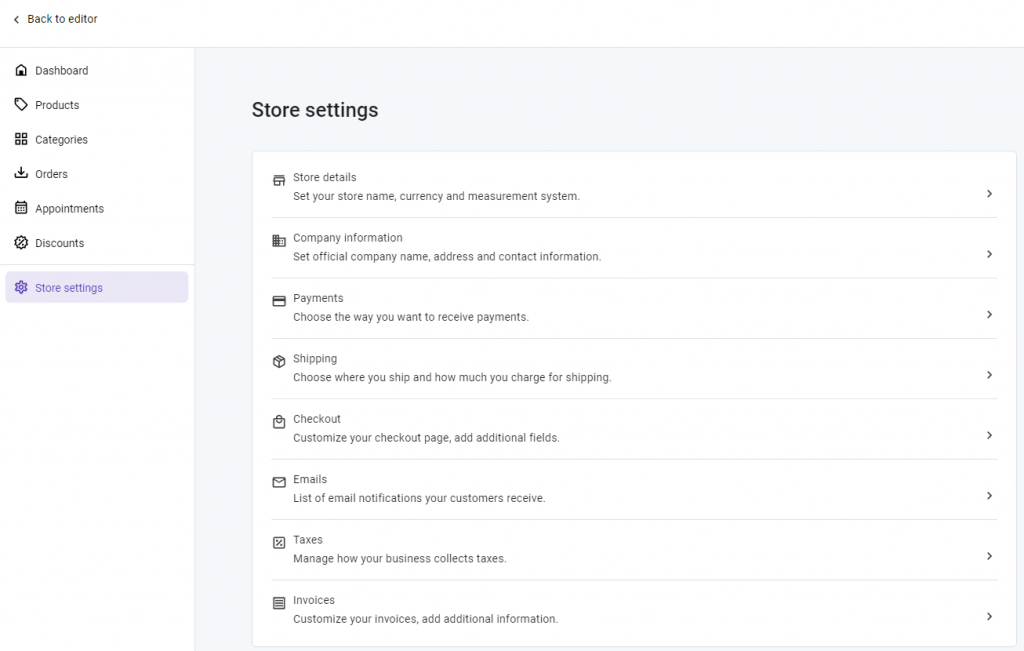 The Store settings menu on Hostinger Website Builder's Store Management Area