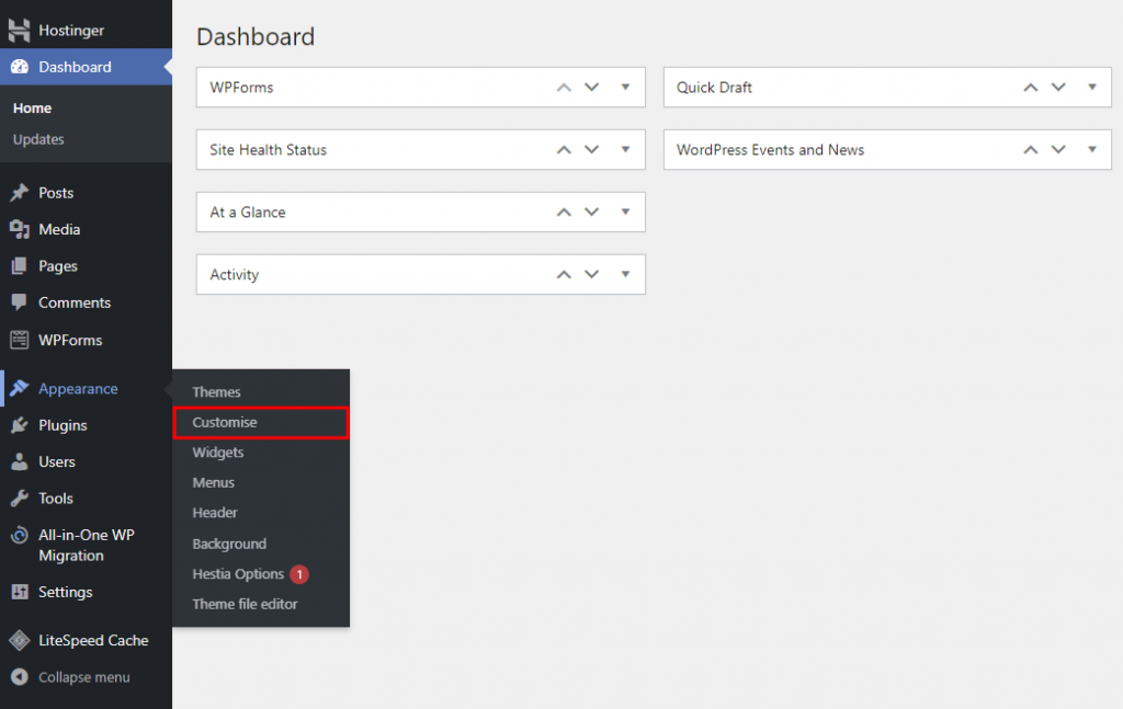 WordPress dashboard menu with the Customise menu highlighted.