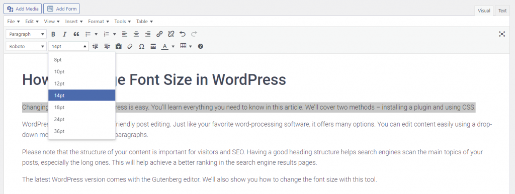 Picking a font size on the WordPress classic editor with the current size and text to modify highlighted.
