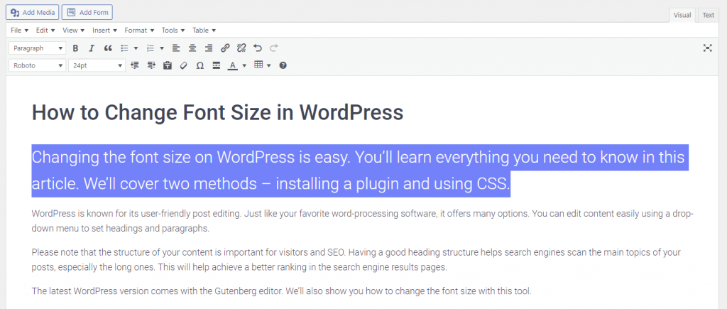 The highlighted text appears larger after increasing its size on the WordPress classic editor.