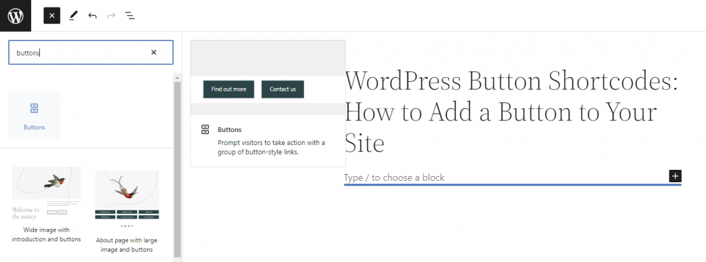 Inserting a Buttons block in WordPress Gutenberg.