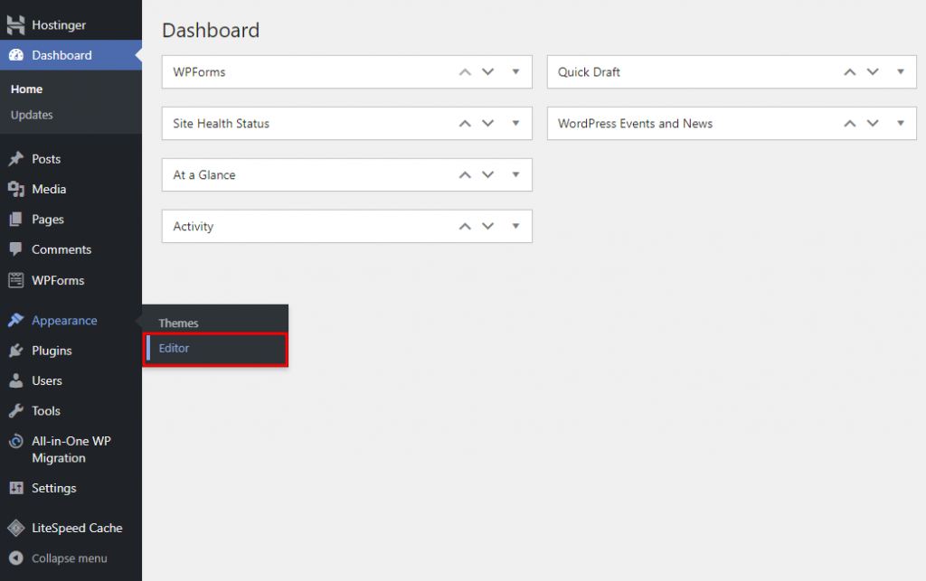 WordPress dashboard with the Editor menu highlighted.