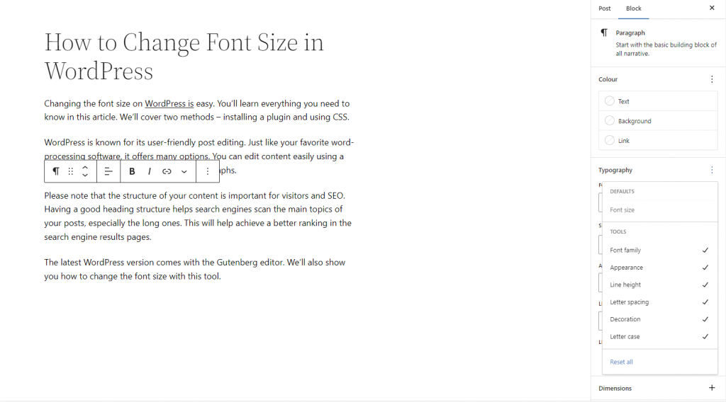 WordPress Gutenberg with the Typography menu expanded.