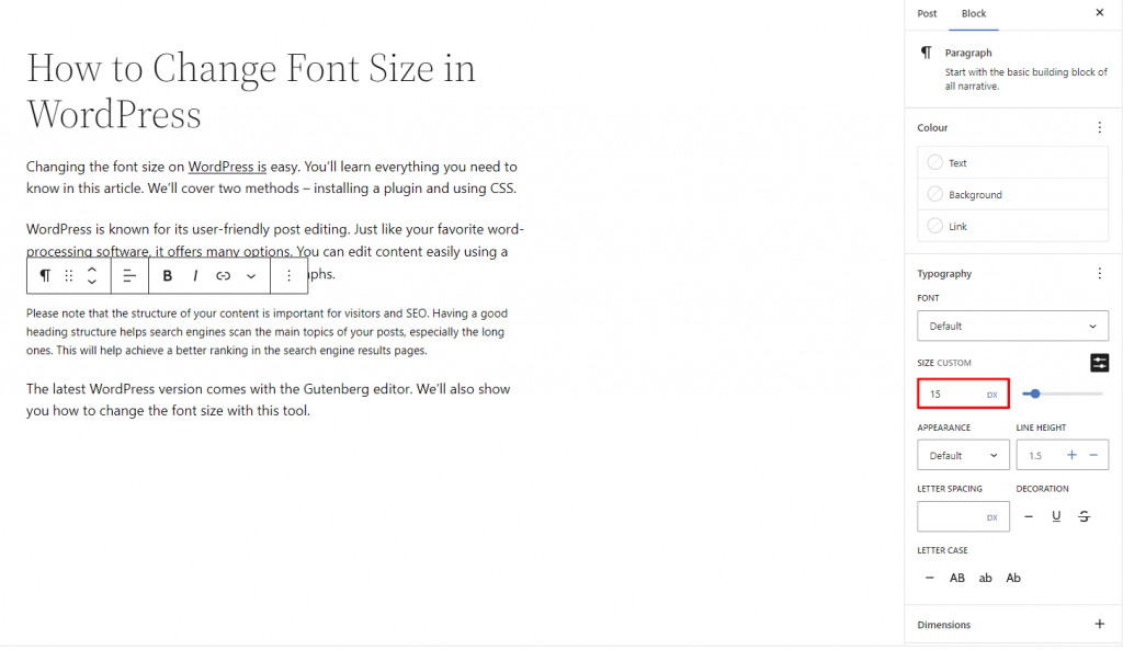 WordPress Gutenberg with the Size Custom field highlighted.