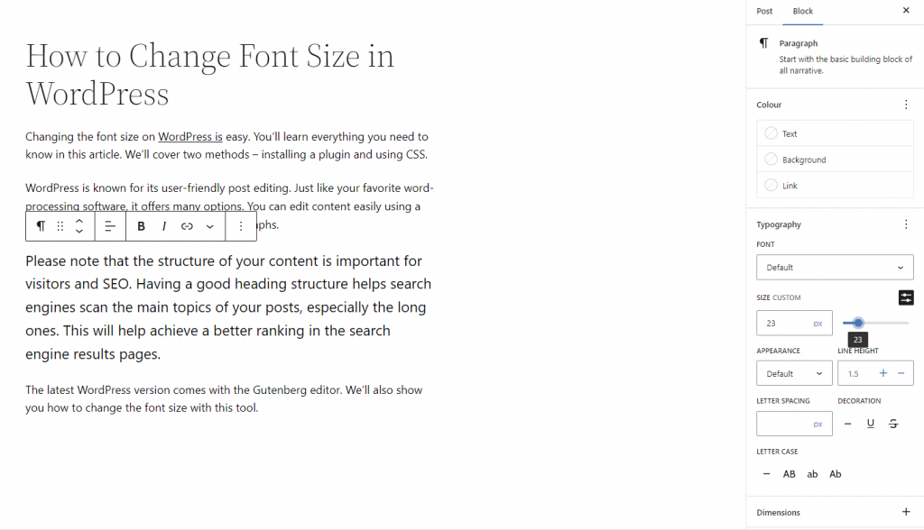 Changing the font size using the slider tool.