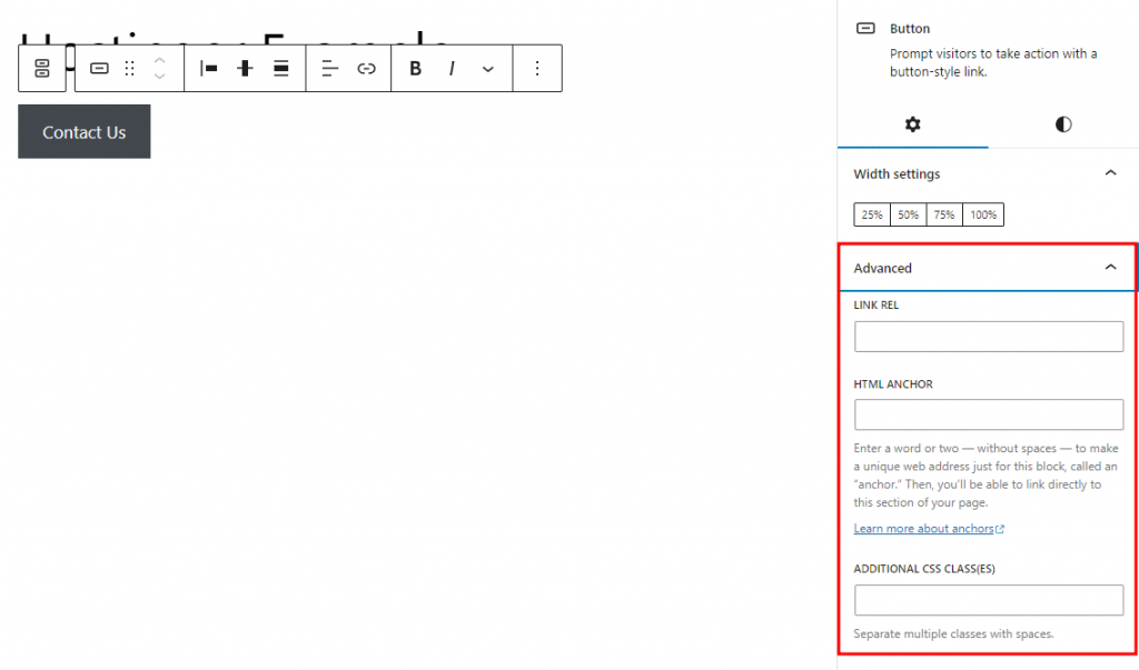 The Advanced settings on the WordPress block editor