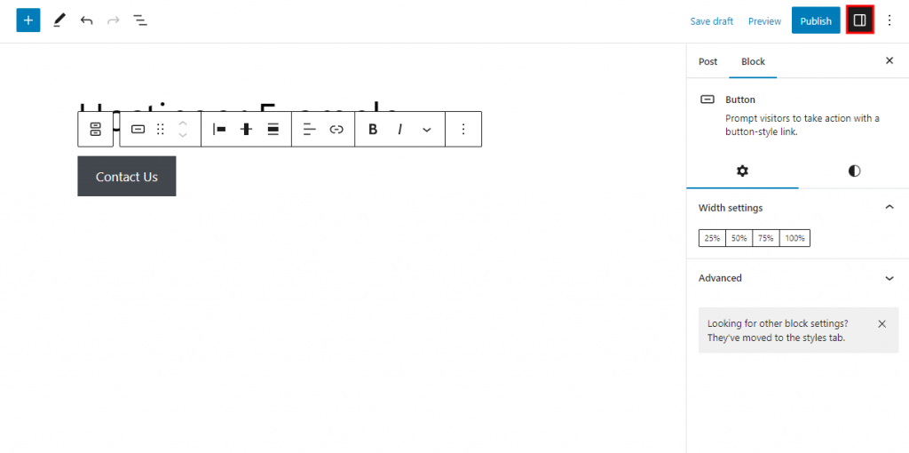 The Settings button on the top-right corner of the editor