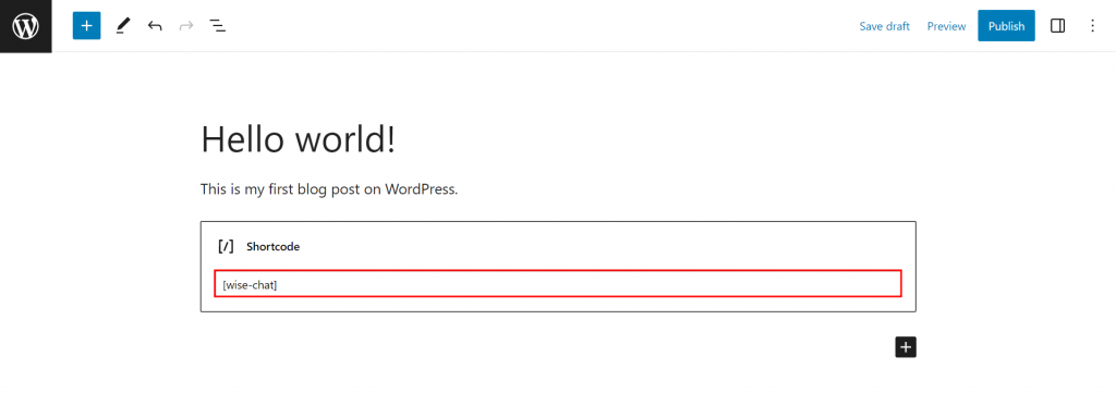 WordPress block editor highlighting the Shortcode block's text field