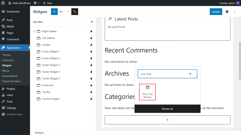 A red box highlighting the Wise Chat Window on the WordPress Widgets screen