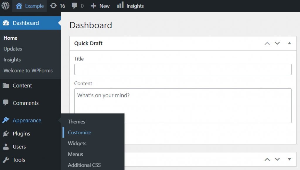 The WordPress dashboard highlighting the Appearance menu and Customize submenu