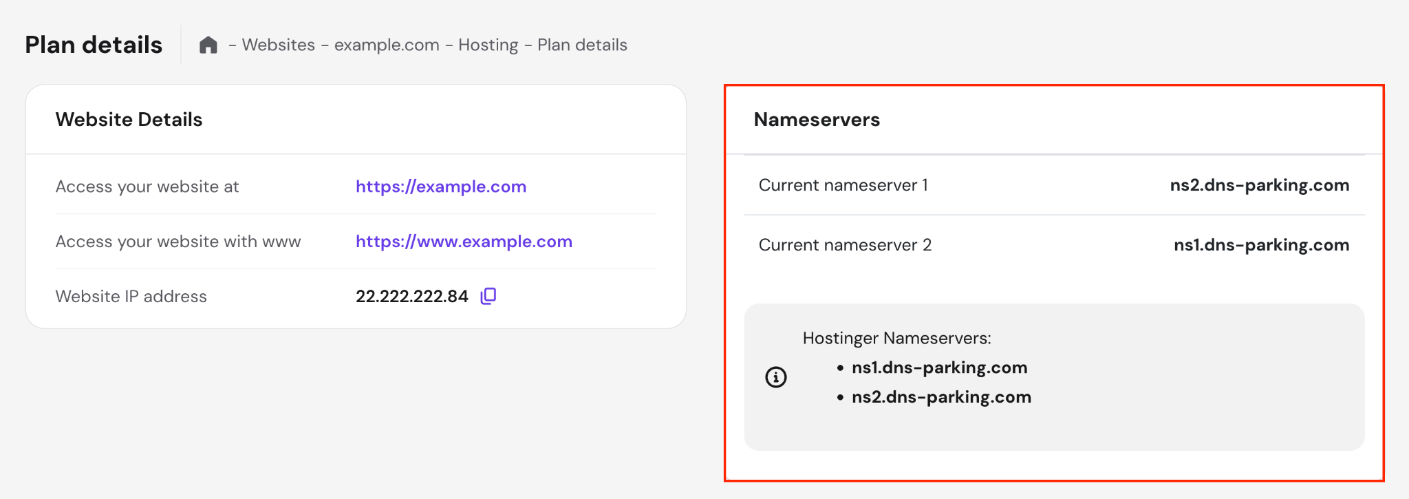 Hostinger's nameserver values in hPanel