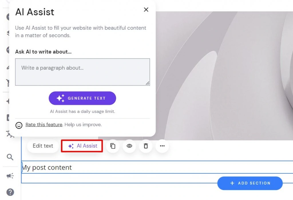 The AI Assist writing tool on Hostinger Website Builder