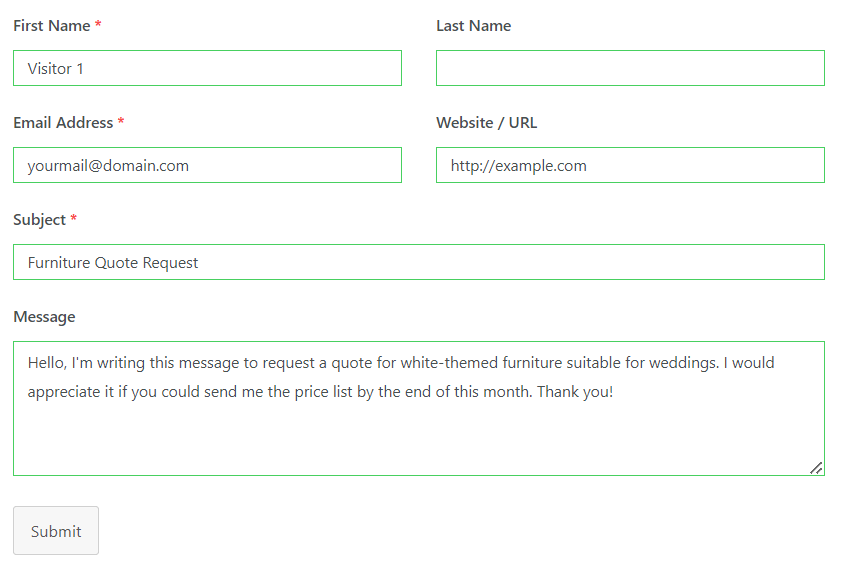 An example of Everest Forms' contact form showing a quote request message from a visitor