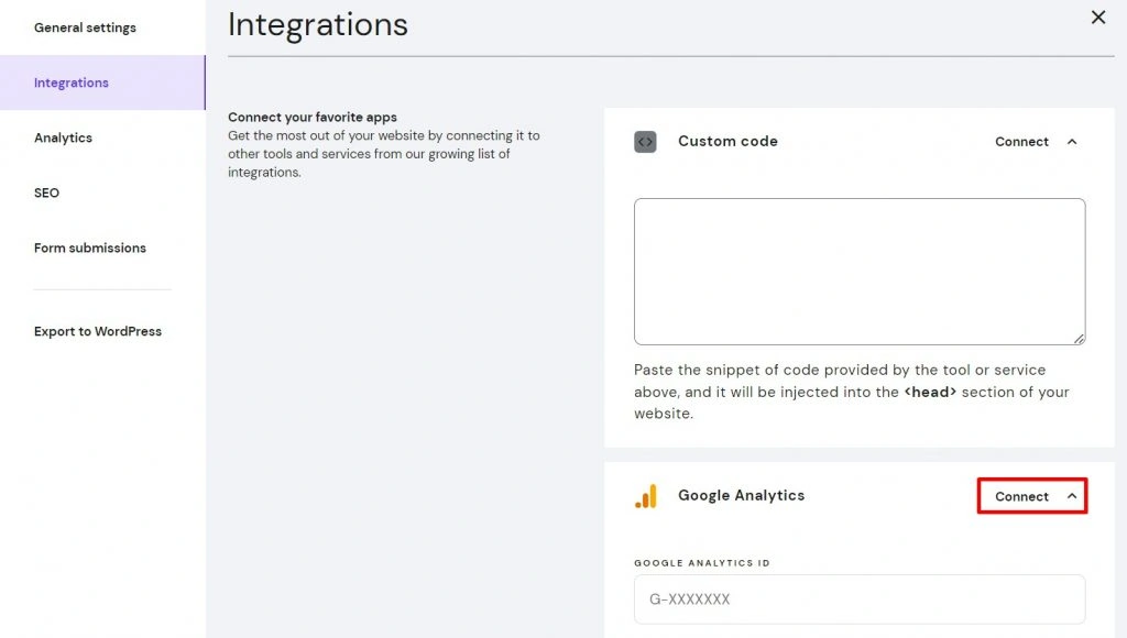 The Connect button next to Google Analytics on Hostinger Website Builder