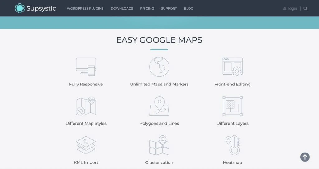 Homepage of Supsystic Google Maps Easy plugin listing its features