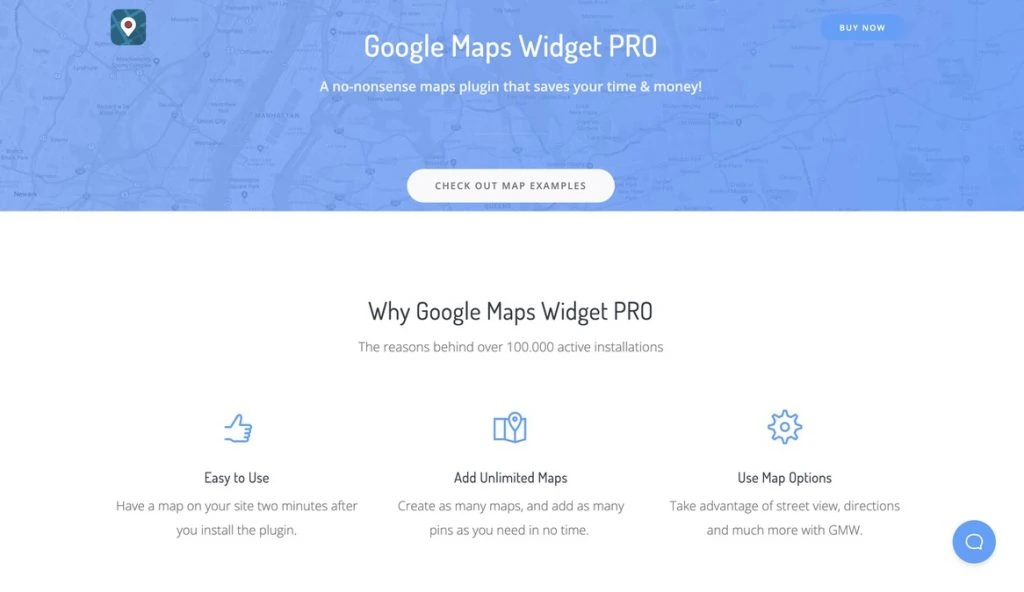 Homepage of Google Maps Widget Pro plugin