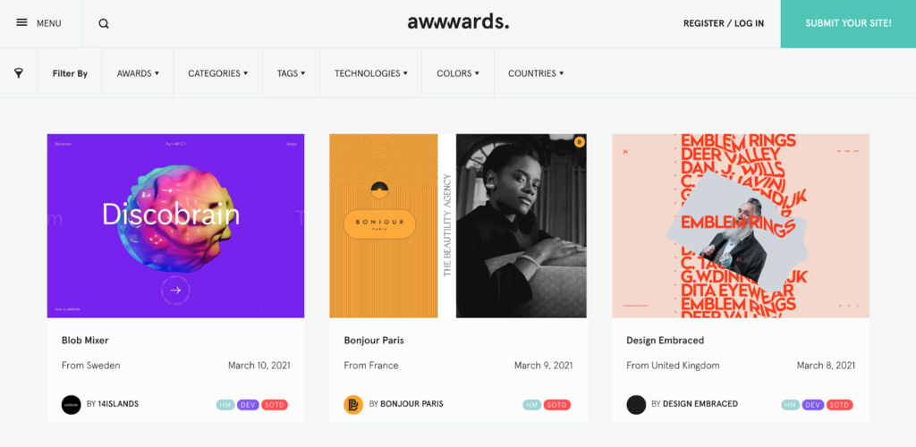 Homepage of web design platform Awwwards