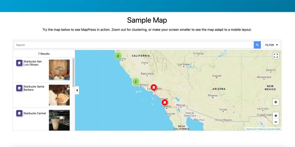 A sample map on the MapPress Maps website showcasing the plugin's features