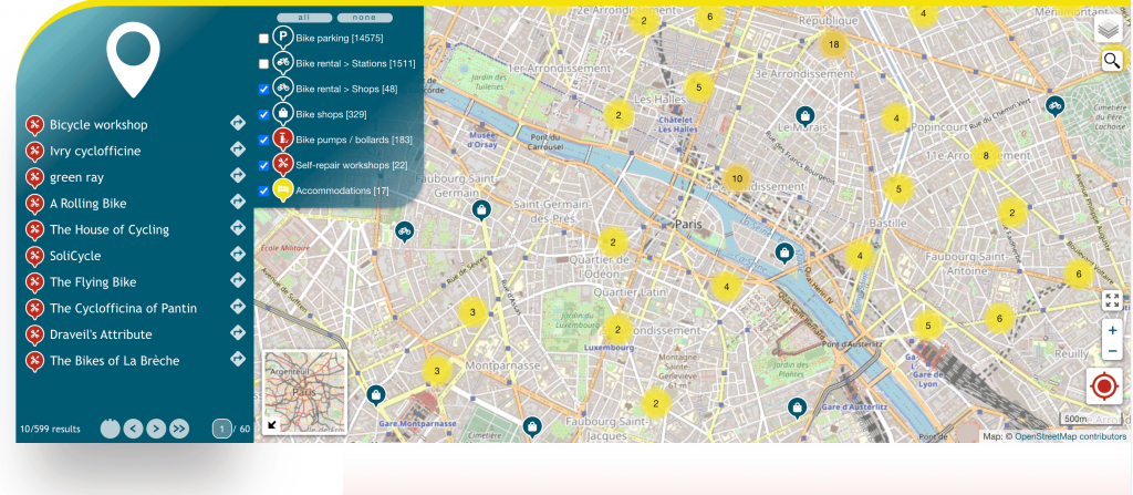 A demo map on the Maps Marker Pro website that uses filters, clustering, geolocation, marker list, and custom icons