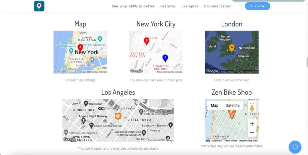 The examples section of Maps Widget for Google Maps website showcasing multiple map widgets 