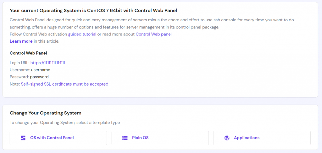 Operating system selection menu in hPanel's VPS configuration page