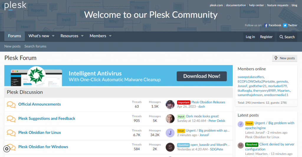 Site do fórum da comunidade Plesk