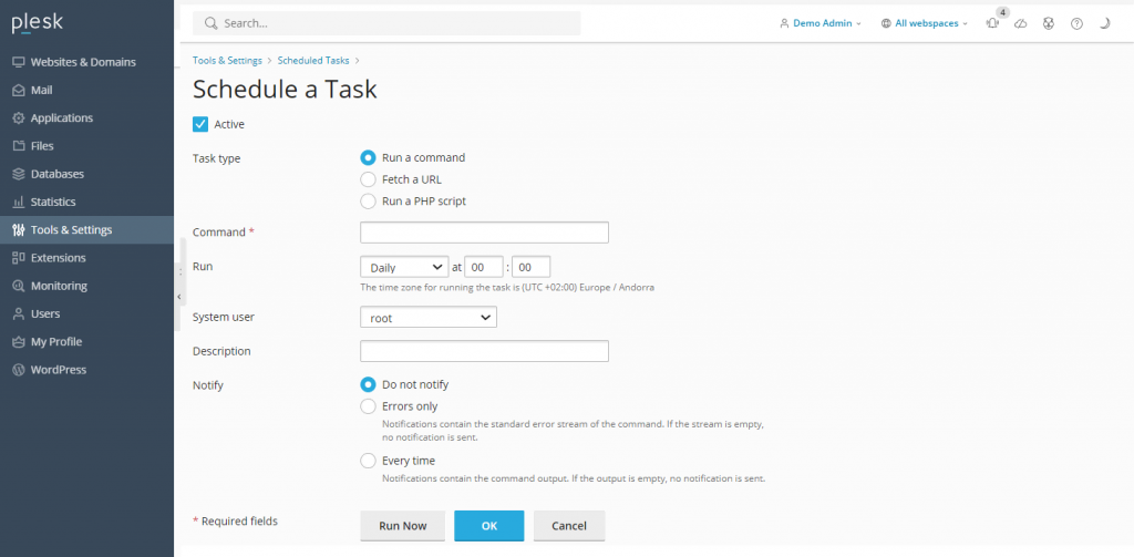 Plesk's scheduled task settings menu