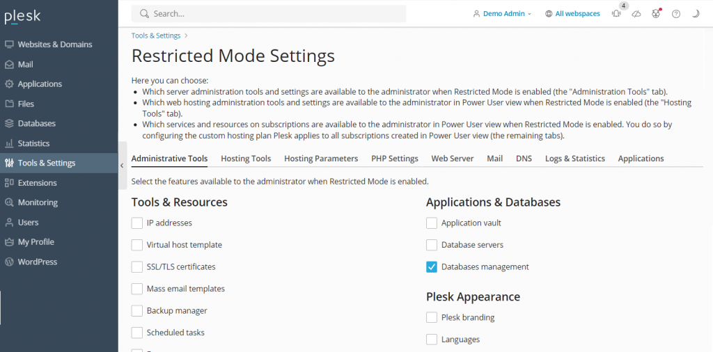 Página de configuração de Restricted Mode Settings no Plesk