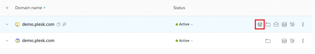 The WordPress toolkit button of a domain in the Plesk control panel