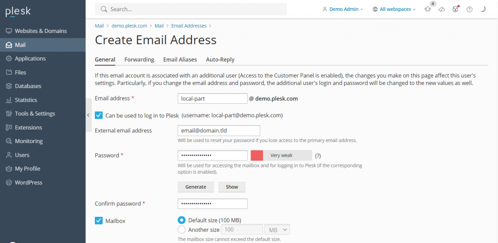 Tela de criação de conta de email personalizado com domínio no Plesk