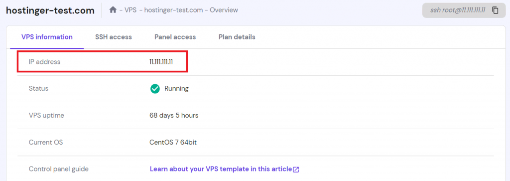 VPS IP address location in hPanel