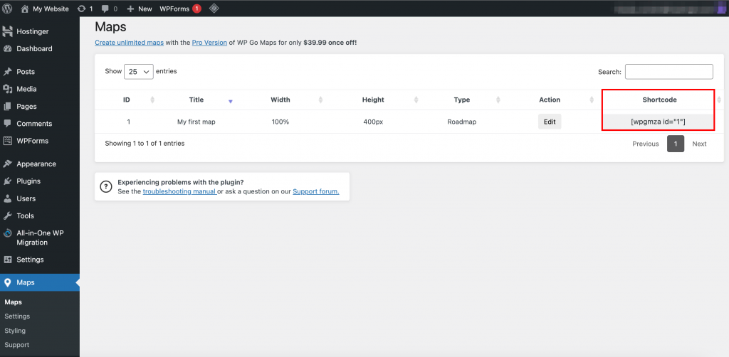 WordPress dashboard screenshot showing where you can find the shortcode for WP Go Maps