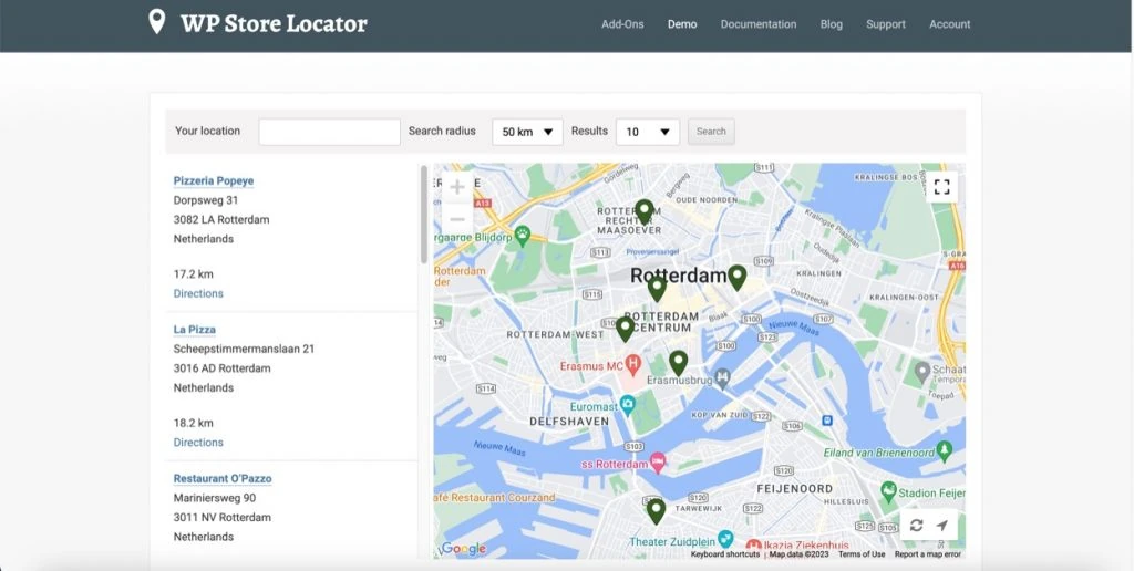 A demo map on the WP Store Locator website showcasing its multiple store locator functionality
