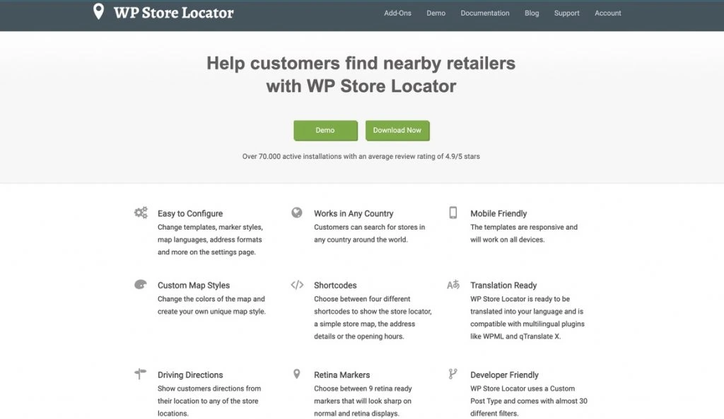Homepage of WP Store Locator plugin with its features listed
