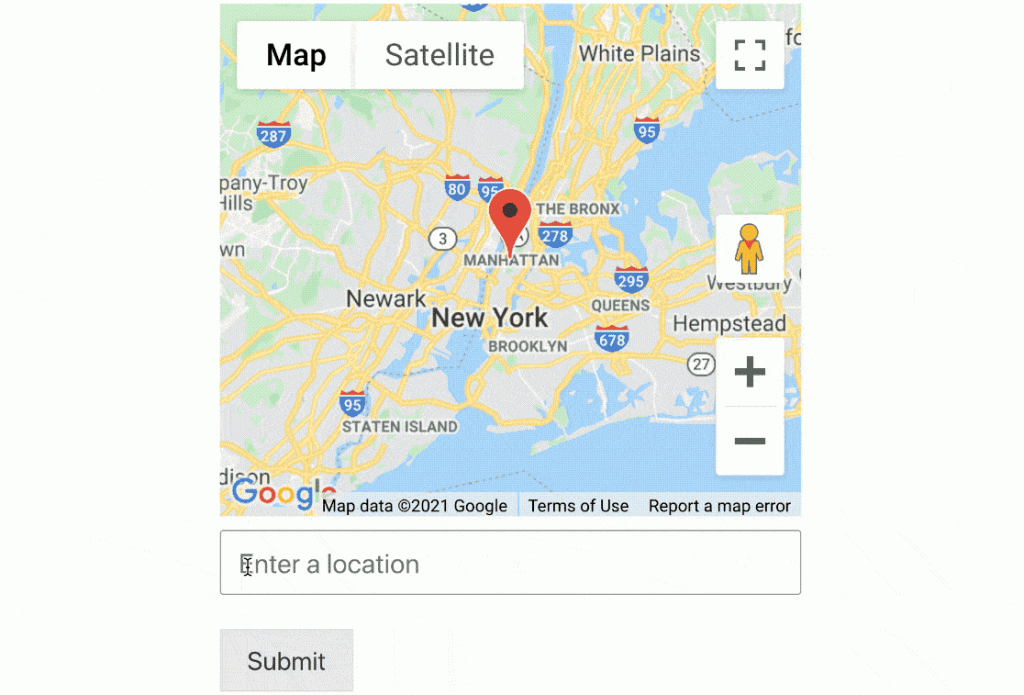 An illustration demonstrating the autocomplete and drag-drop functionality of the WPForms geolocation add-on