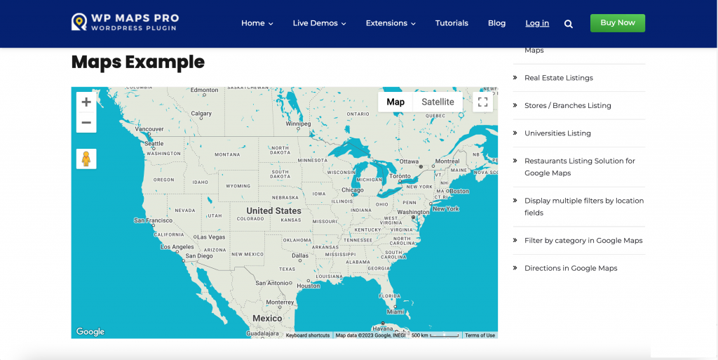 One of the live example maps available on the WP Maps Pro website
