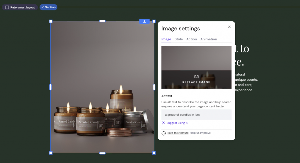 AI image alt text generator on Hostinger Website Builder