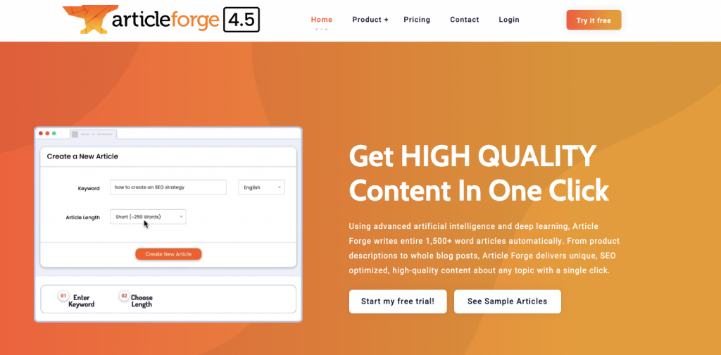 Article Forge landing page