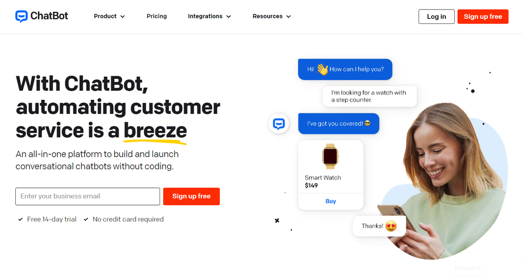 ChatBot 的主页,一个人工智能驱动的实时聊天客户支持平台