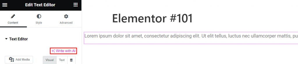 Elementor AI's Write with AI feature